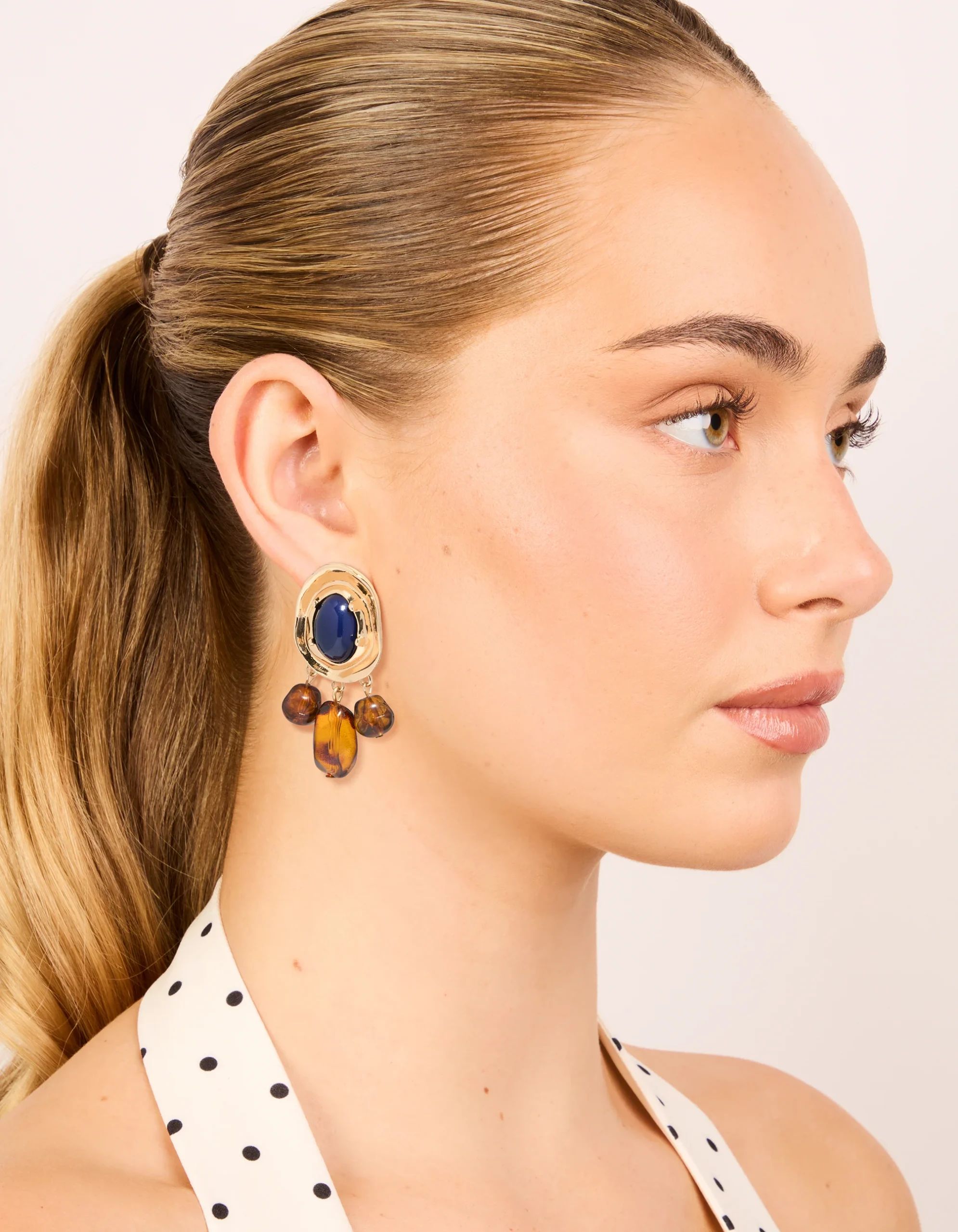 Gold Dark Blue Acrylic & Brown Beaded Medallion Drop Earrings