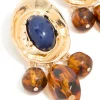 Gold Dark Blue Acrylic & Brown Beaded Medallion Drop Earrings
