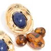 Gold Dark Blue Acrylic & Brown Beaded Medallion Drop Earrings