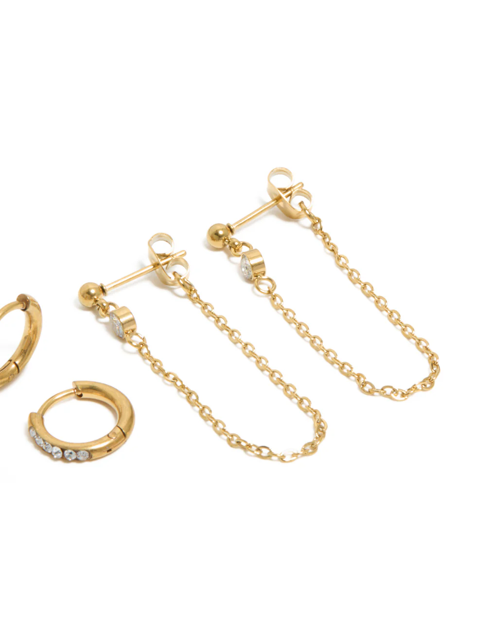 715-waterproof-gold-plated-stainless-steel-bezel-stud-chain-earrings-3-pack-5.webp Waterproof Gold Plated Stainless Steel Bezel Stud & Chain Earrings 3-Pack