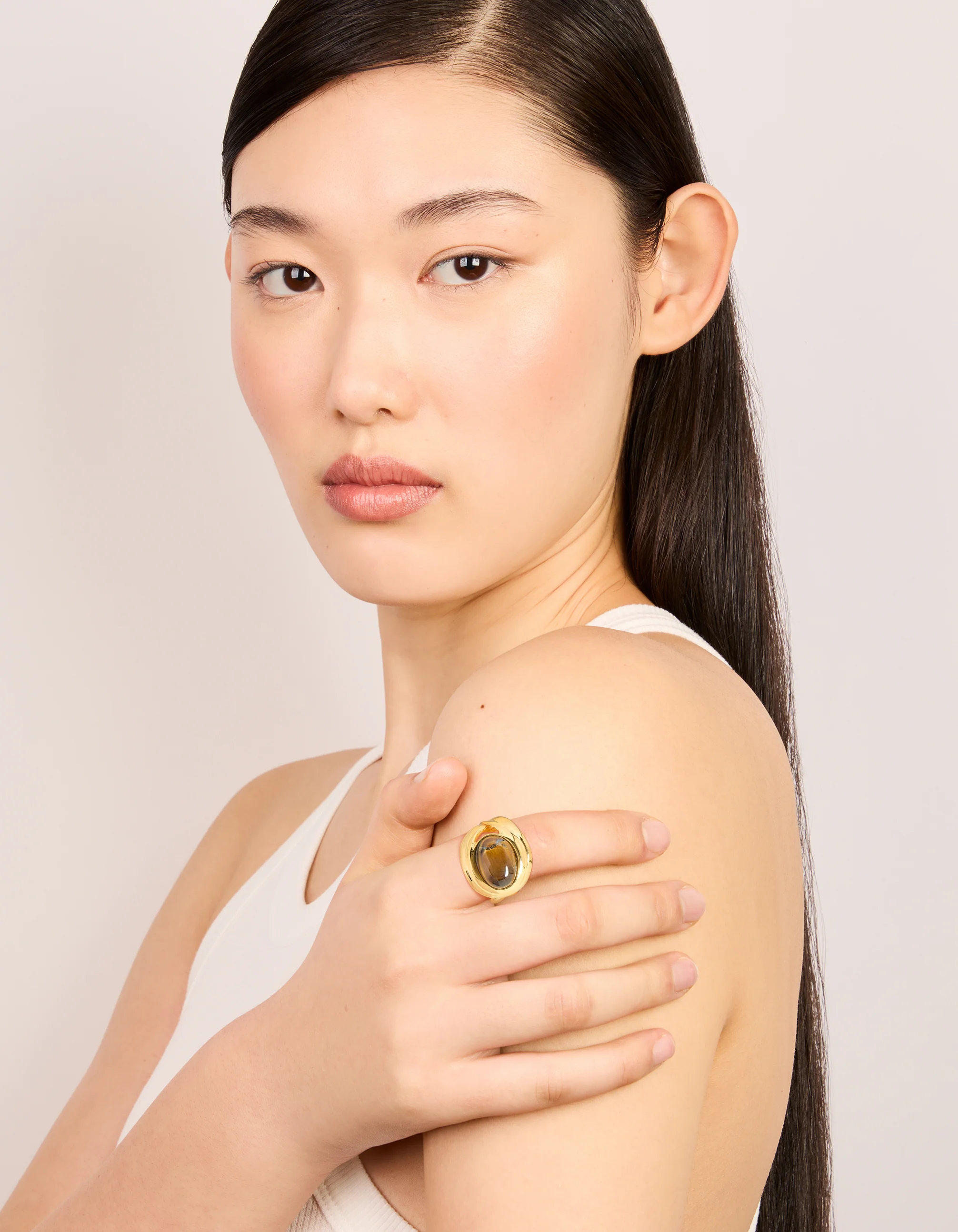 Waterproof Gold Plated Stainless Steel Brown Marble  Oval Ring