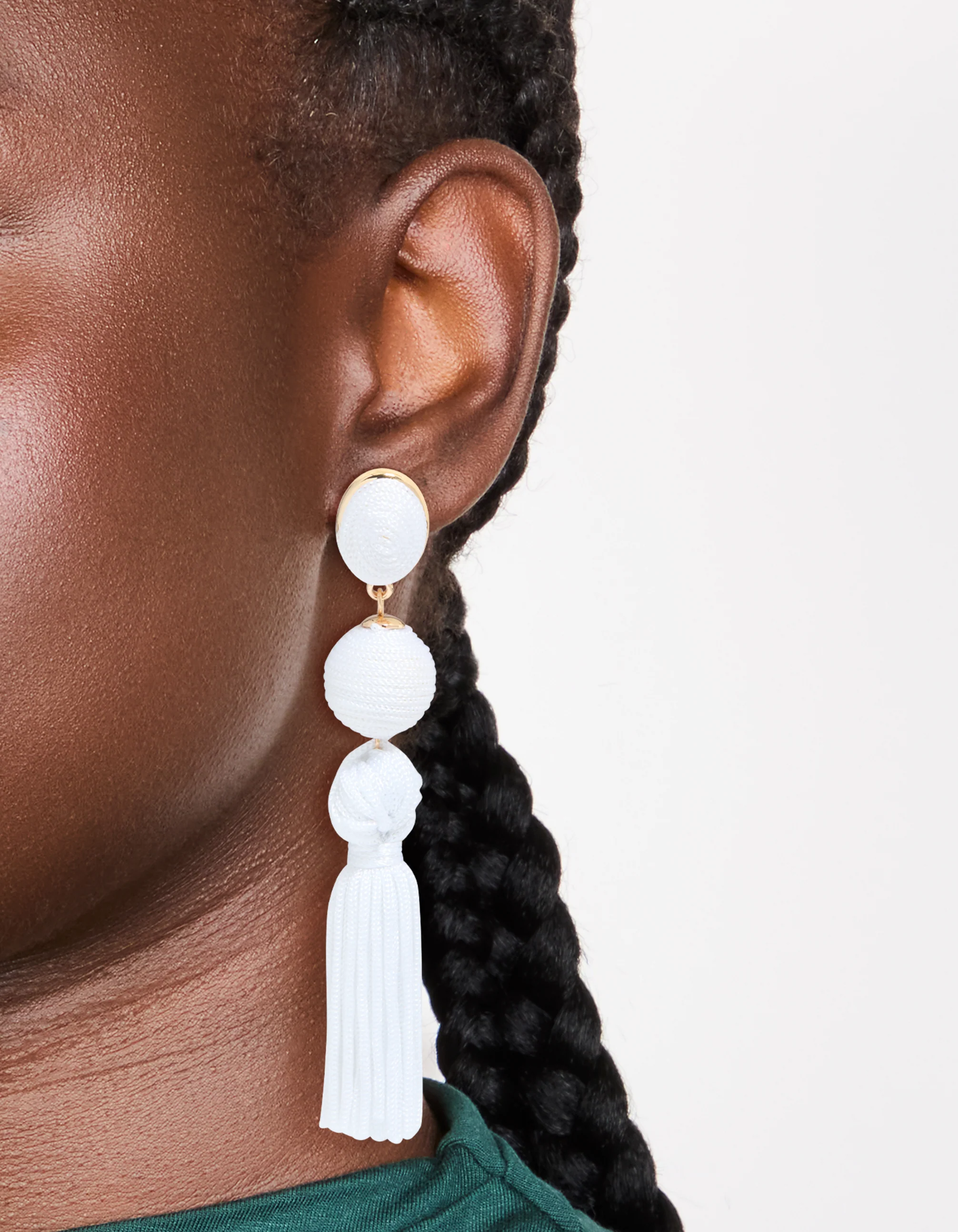 White Fabric Tassel Drop Earrings