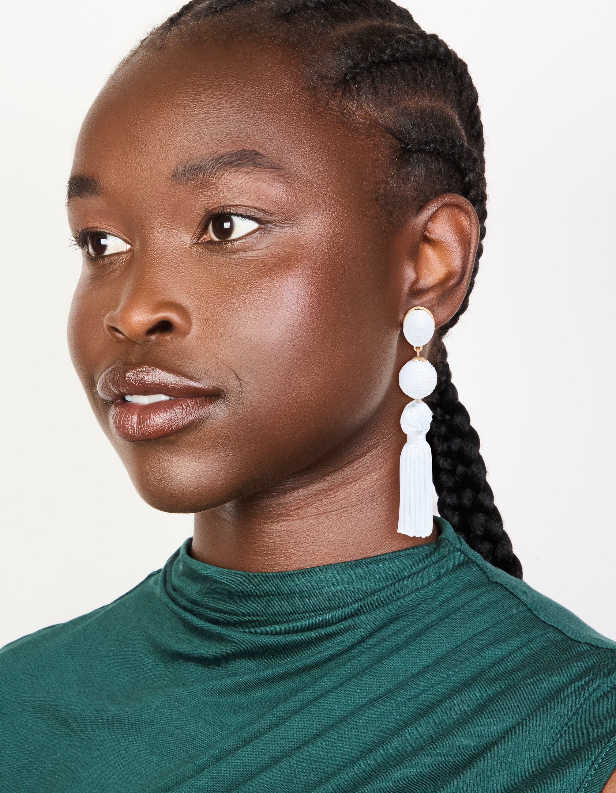 White Fabric Tassel Drop Earrings