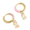 Waterproof Gold Plated Stainless Steel Pink Enamel Cubic Zirconia Charm Huggie Earrings