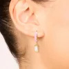 Waterproof Gold Plated Stainless Steel Pink Enamel Cubic Zirconia Charm Huggie Earrings