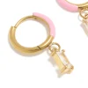 Waterproof Gold Plated Stainless Steel Pink Enamel Cubic Zirconia Charm Huggie Earrings