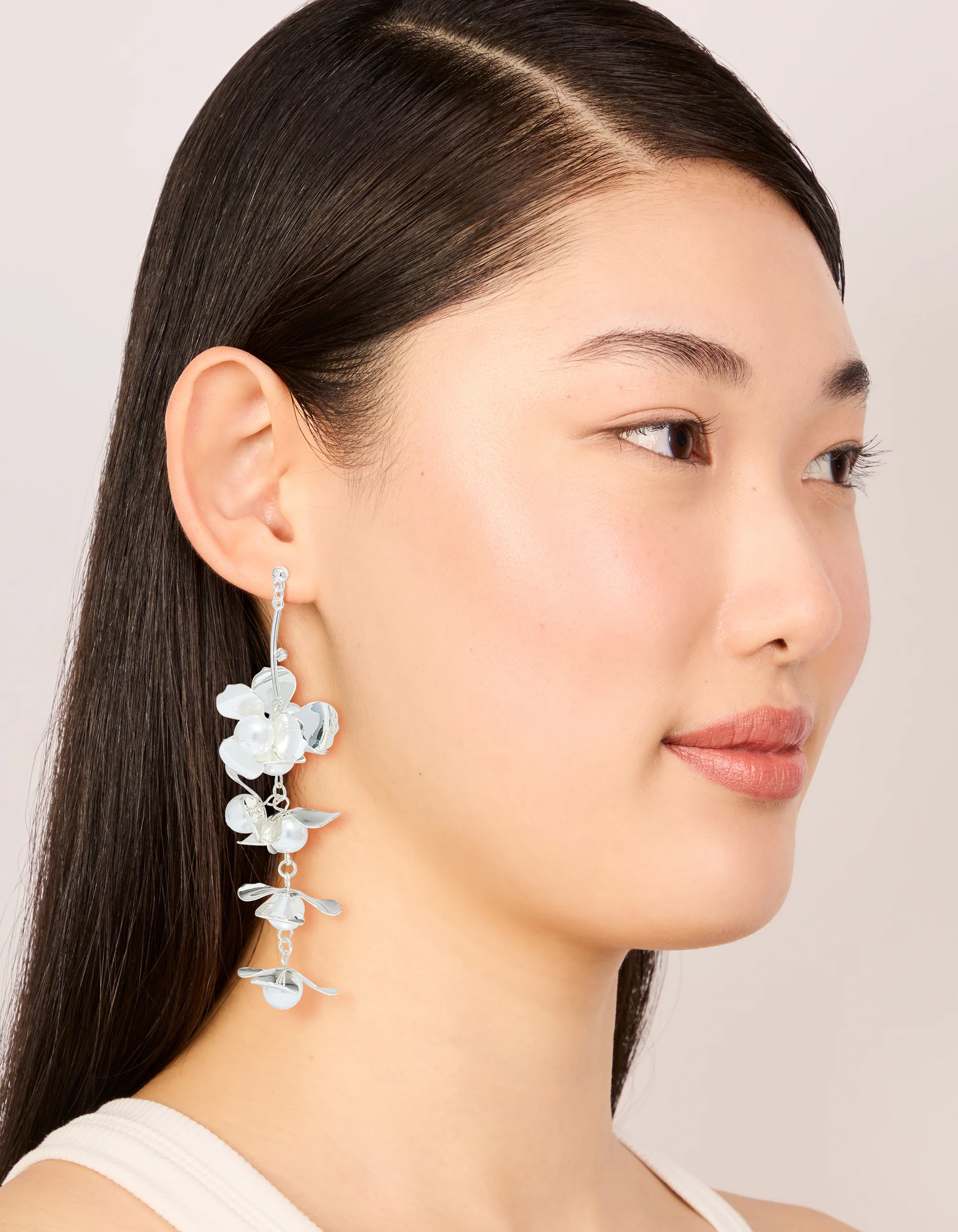 Silver Pearls & Bold Flower Drop Earrings