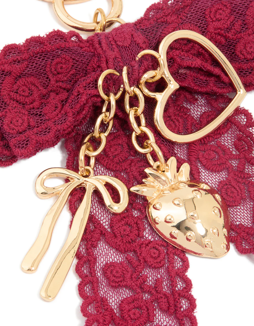 790-red-lace-fabric-bow-hearts-key-chain-2.webp Red Lace Fabric Bow & Hearts Key Chain