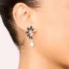 Gold Black Diamante Pearl Marquise Stud Earrings