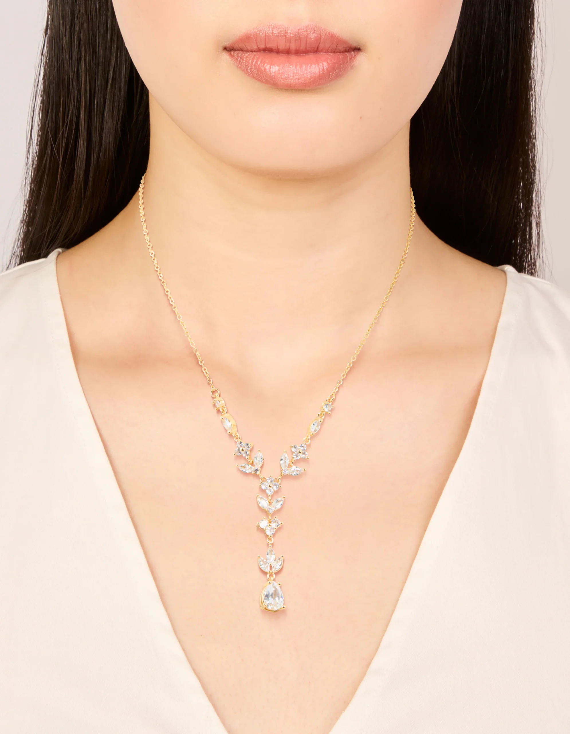 Gold Cubic Zirconia Floral Pear Y-Necklace