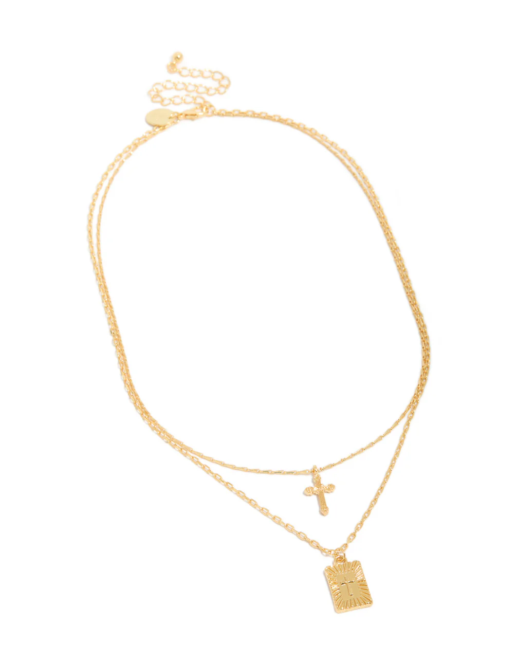 937-gold-plated-cross-rectangle-tab-pendant-layered-necklace-2.webp Gold Plated Cross & Rectangle Tab Pendant Layered Necklace