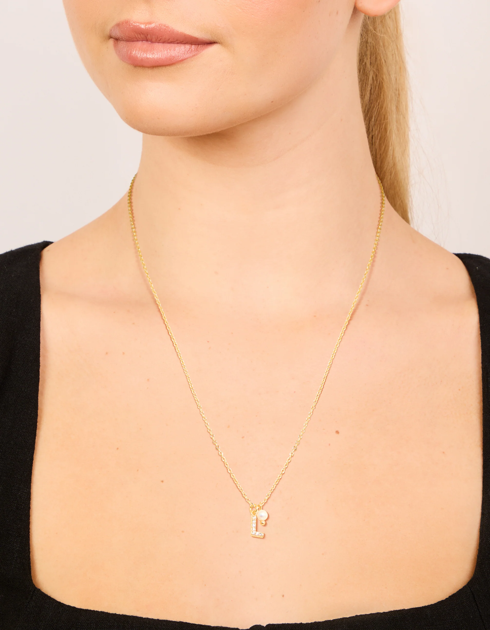 Gold Plated Cubic Zirconia & Pearl Letter L Necklace