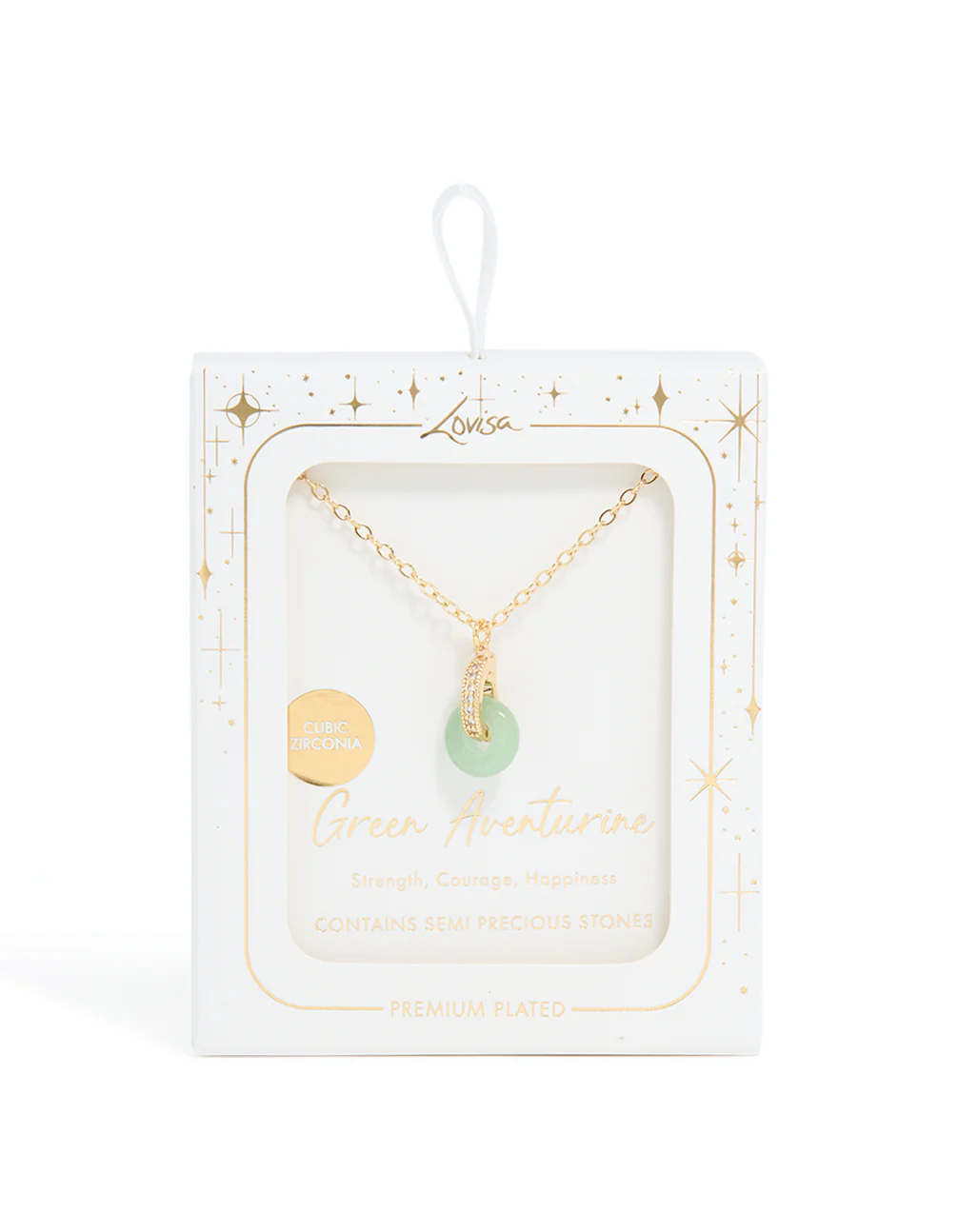 Gold Plated Green Aventurine Semi-Precious Cubic Zirconia Doughnut Necklace
