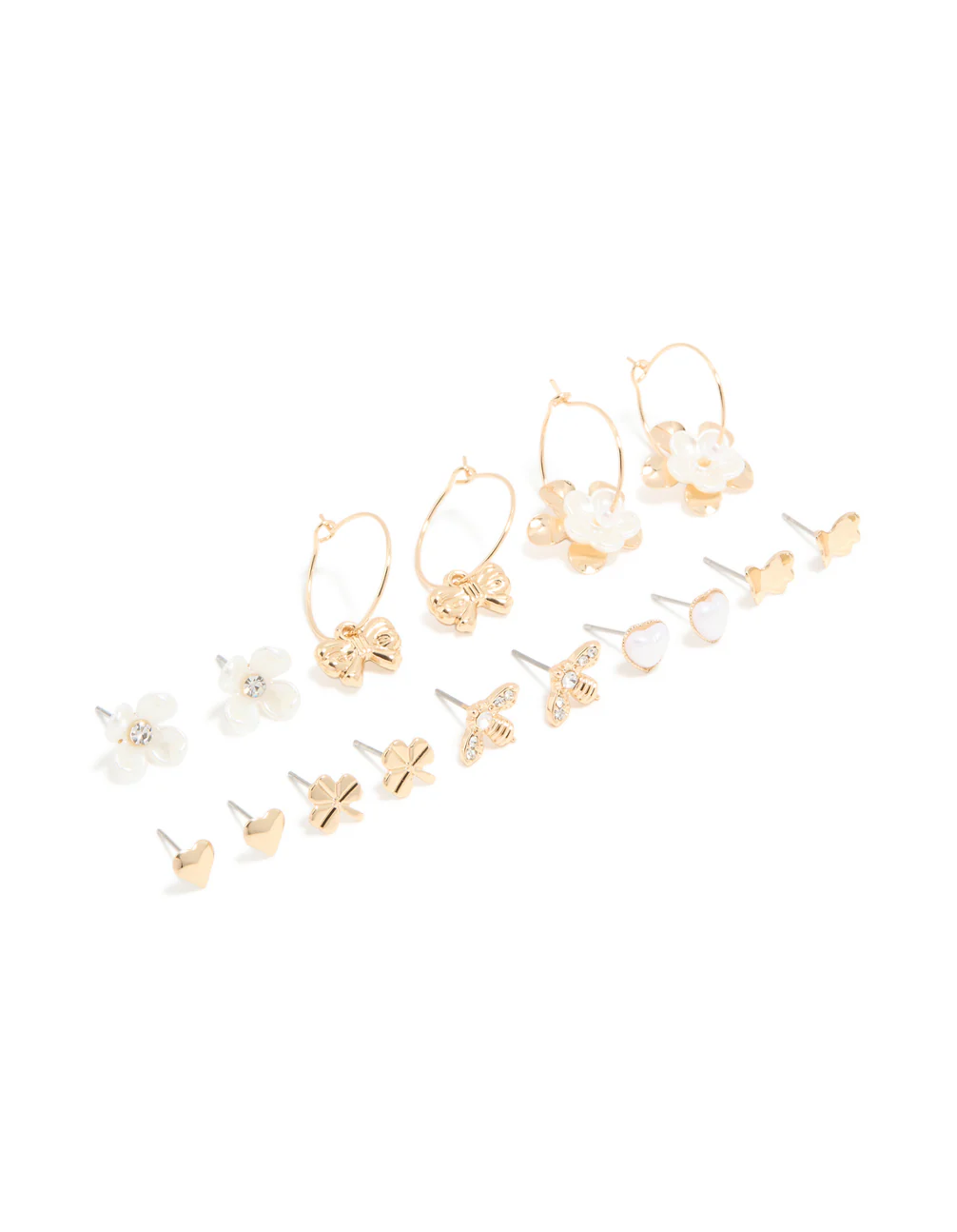 988-gold-white-pearlised-flower-bee-earrings-8-pack-1.webp Gold White Pearlised Flower & Bee Earrings 8-Pack